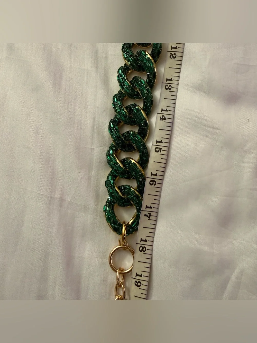 Gold tone metal chain belt with green plastic links